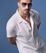 men's white solid cuban collar relaxed fit shirt