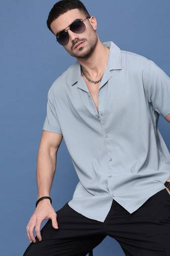 men's blue cuban collar relaxed fit shirt