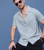 men's blue cuban collar relaxed fit shirt
