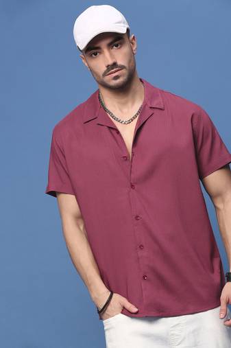 men's burgundy cuban collar relaxed fit shirt