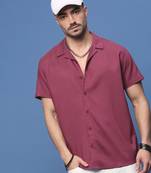 men's burgundy cuban collar relaxed fit shirt