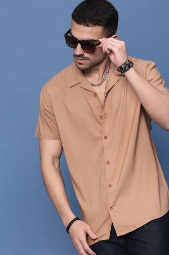 men's orange cuban collar relaxed fit shirt