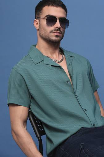 men's teal cuban collar relaxed fit shirt