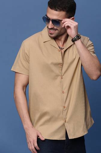 men's beige solid cuban collar relaxed fit shirt