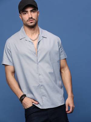 men's blue solid cuban collar relaxed fit shirt 1