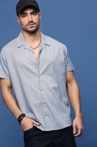 men's blue solid cuban collar relaxed fit shirt