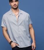 men's blue solid cuban collar relaxed fit shirt