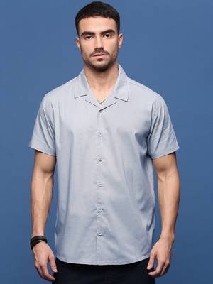 men's blue solid cuban collar relaxed fit shirt 2
