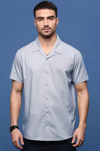 men's blue solid cuban collar relaxed fit shirt