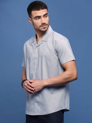 men's blue solid cuban collar relaxed fit shirt 3