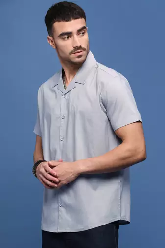 men's blue solid cuban collar relaxed fit shirt