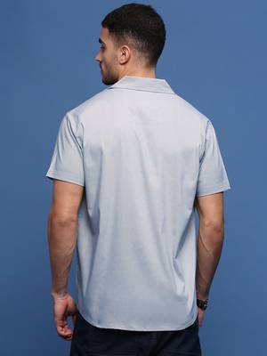 men's blue solid cuban collar relaxed fit shirt 4