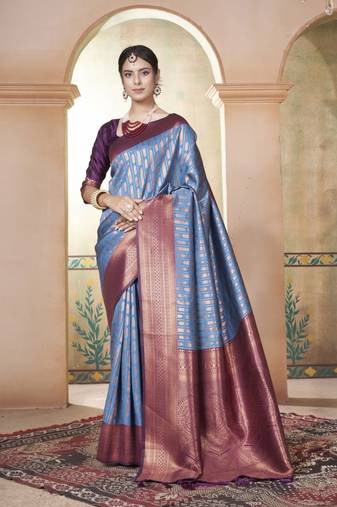 Teal Kanchivaram Silk Zari Weaving With Gold Zari Border And Pallu Saree With Blouse For Women