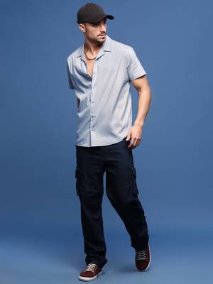 men's blue solid cuban collar relaxed fit shirt 5