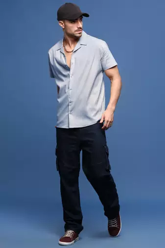 men's blue solid cuban collar relaxed fit shirt