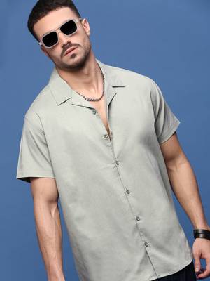 men's green solid cuban collar relaxed fit shirt 1