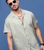 men's green solid cuban collar relaxed fit shirt