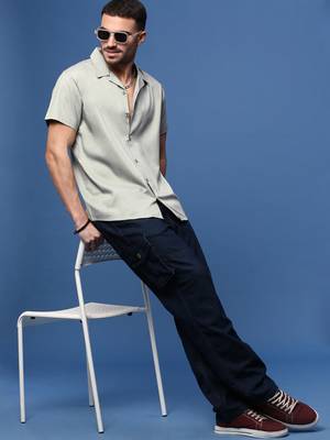 men's green solid cuban collar relaxed fit shirt 5