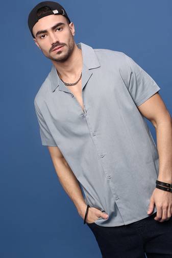 men's grey solid cuban collar relaxed fit shirt