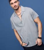 men's grey solid cuban collar relaxed fit shirt