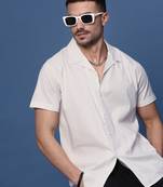 men's white solid cuban collar relaxed fit shirt