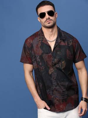 men's brown abstract cuban collar relaxed fit shirt 1