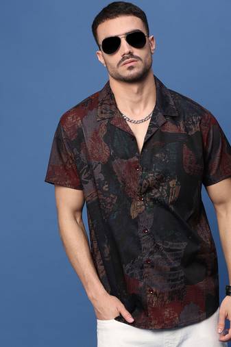 men's brown abstract cuban collar relaxed fit shirt