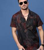 men's brown abstract cuban collar relaxed fit shirt