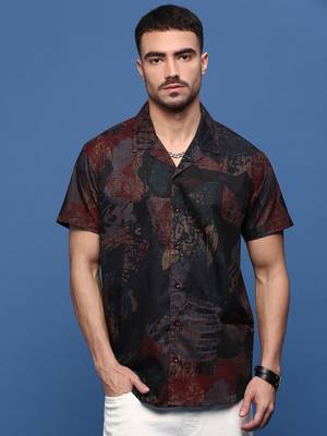 men's brown abstract cuban collar relaxed fit shirt 2
