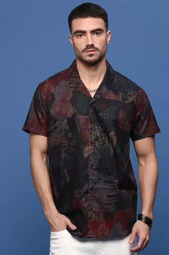 men's brown abstract cuban collar relaxed fit shirt