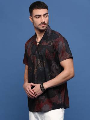 men's brown abstract cuban collar relaxed fit shirt 3