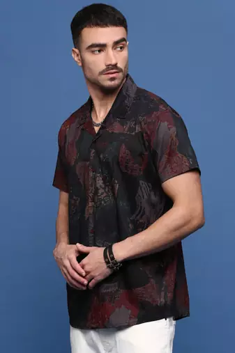 men's brown abstract cuban collar relaxed fit shirt