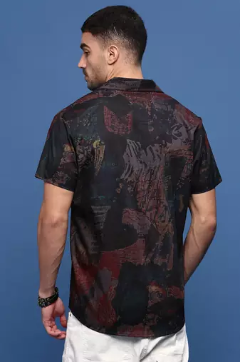 men's brown abstract cuban collar relaxed fit shirt