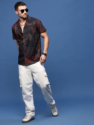 men's brown abstract cuban collar relaxed fit shirt 5