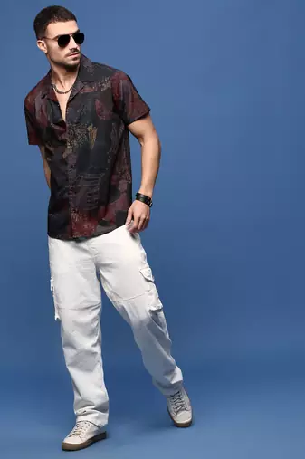 men's brown abstract cuban collar relaxed fit shirt