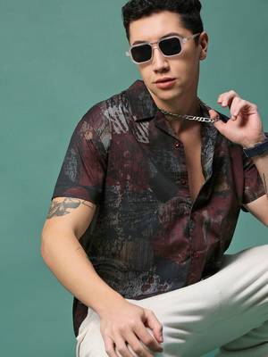 men's maroon abstract cuban collar relaxed fit shirt 1
