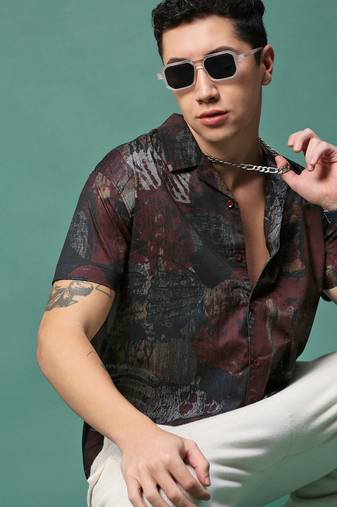men's maroon abstract cuban collar relaxed fit shirt