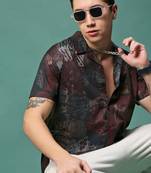 men's maroon abstract cuban collar relaxed fit shirt