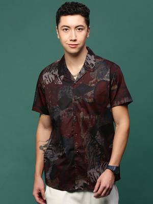 men's maroon abstract cuban collar relaxed fit shirt 2