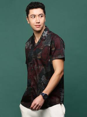 men's maroon abstract cuban collar relaxed fit shirt 3