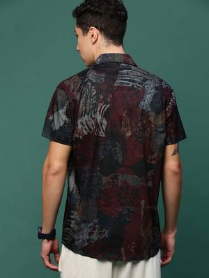 men's maroon abstract cuban collar relaxed fit shirt 4