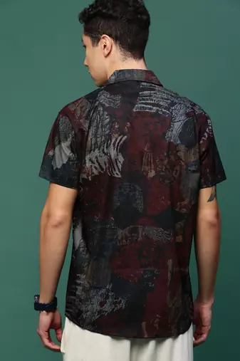 men's maroon abstract cuban collar relaxed fit shirt