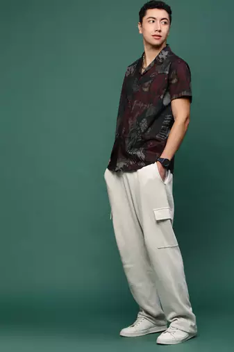 men's maroon abstract cuban collar relaxed fit shirt