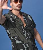 men's olive typography cuban collar relaxed fit shirt