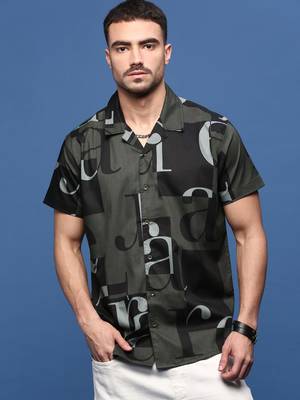 men's olive typography cuban collar relaxed fit shirt 2
