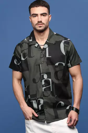 men's olive typography cuban collar relaxed fit shirt