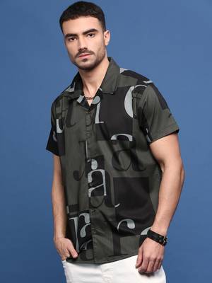 men's olive typography cuban collar relaxed fit shirt 3