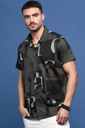 men's olive typography cuban collar relaxed fit shirt