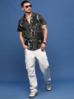 men's olive typography cuban collar relaxed fit shirt 5