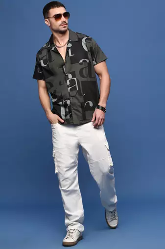 men's olive typography cuban collar relaxed fit shirt